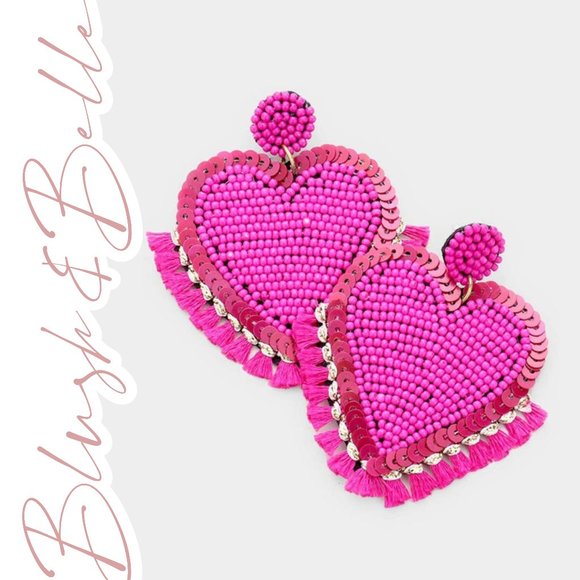 Blush & Belle Jewelry - Forever Fuchsia Heart Beaded Sequin Tassel Earring